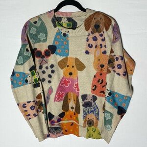 Colourful Lightweight Knit Crew Neck Dog Print Pullover Sweater M
